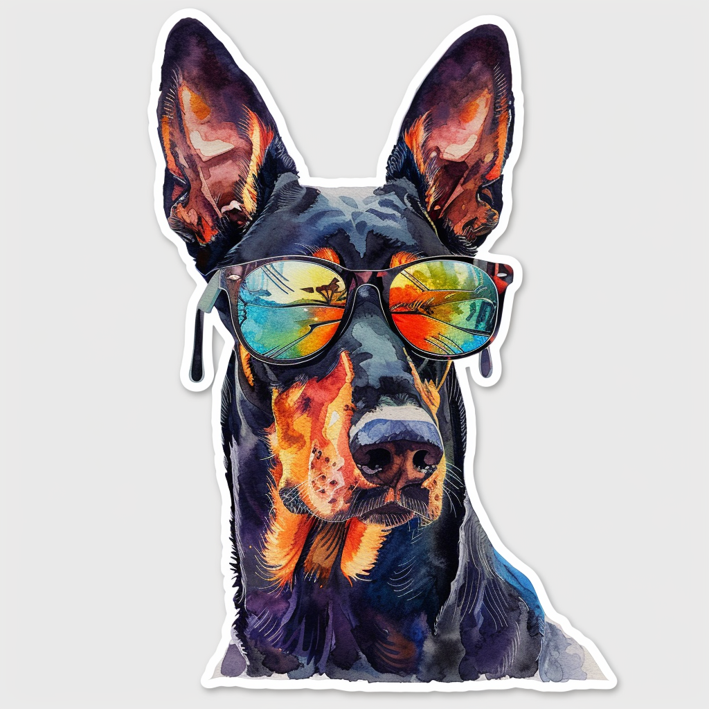 Sticker of a Doberman Pinscher Dog wearing sunglasses Expressive surreal Vinyl Decal Sticker for Car, Laptop, Tumbler and more # F019187