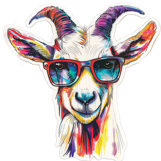 Goat wearing sunglasses Expressive surreal Vinyl Decal Sticker for Car, Laptop, Tumbler and more # F020403-4" x 4"