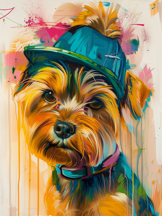 Colorful space Yorkshire Terrier dog with a hat Expressive surreal Poster # F024953