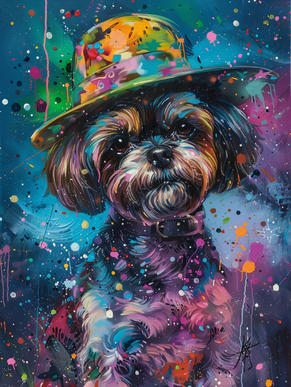 Colorful space Shih Tzu dog with a hat Expressive surreal Poster # F025429