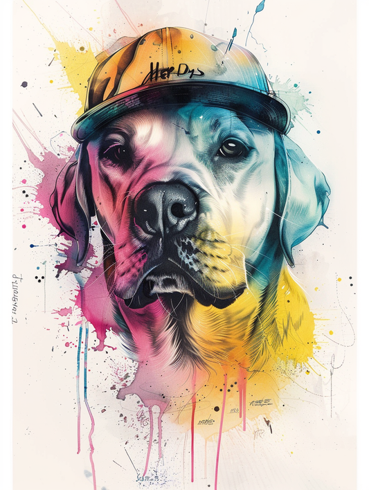 colorful space Labrador Retriever dog with a hat Expressive surreal Poster # F025419