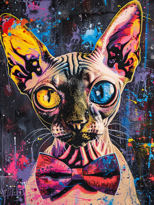 Colorful space Sphynx cat with a bow tie Expressive surreal Poster # F024318