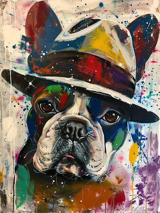 Colorful space French Bulldog dog with a hat Expressive surreal Poster # F025039