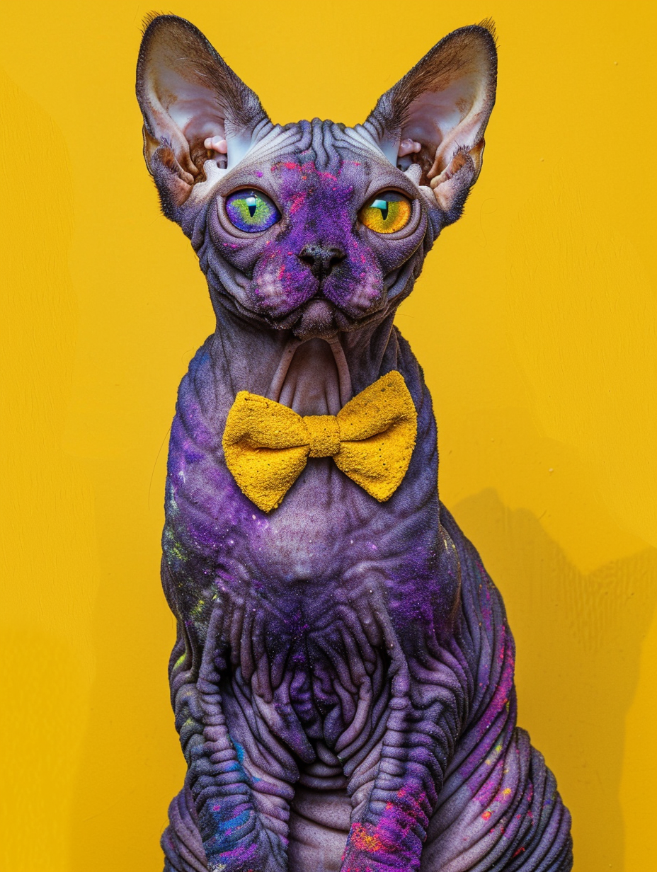 Colorful space Devon Rex cat with a bow tie Expressive surreal Poster # F024393