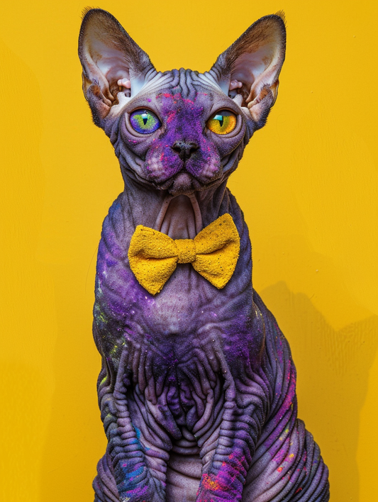 Colorful space Devon Rex cat with a bow tie Expressive surreal Poster # F024393