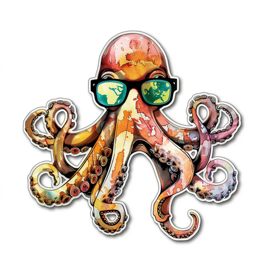 Sticker of a Octopus wearing sunglasses majestic Expressive surreal Vinyl Decal Sticker for Car, Laptop, Tumbler and more # F015412