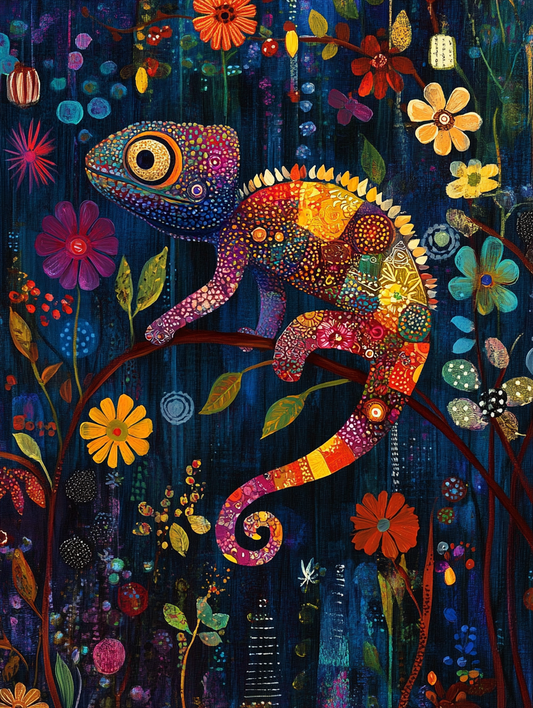 The silhouette of a chameleon with an abstract col Expressive surreal Poster # F024841