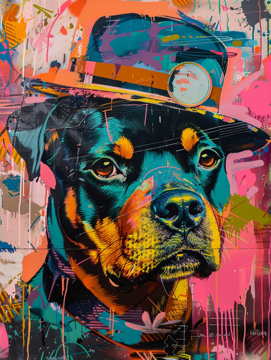 Colorful space Rottweiler dog with a hat Expressive surreal Poster # F025085