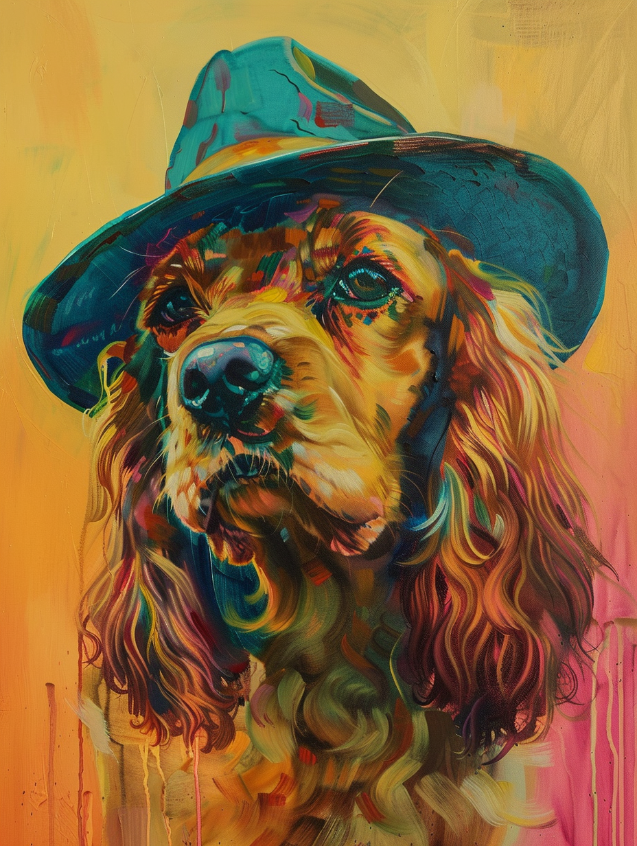 Colorful space Cocker Spaniel dog with a hat Expressive surreal Poster # F025136