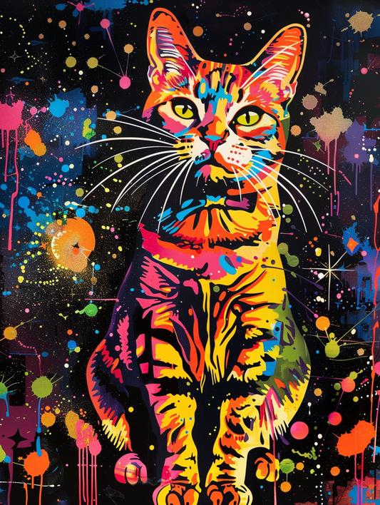 Colorful space American Shorthair cat with a bow Expressive surreal Poster # F024354