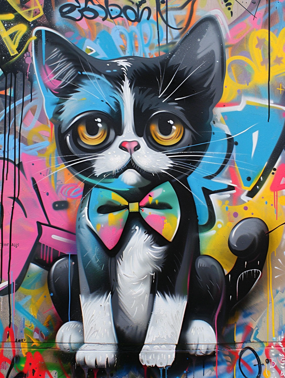 Colorful space Burmese cat with a bow tie Expressive surreal Poster # F024391