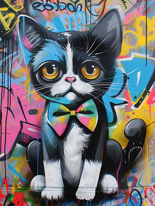 Colorful space Burmese cat with a bow tie Expressive surreal Poster # F024391