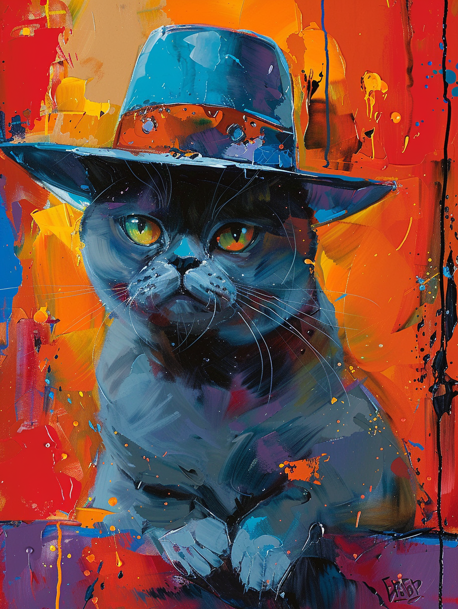 Colorful space British Shorthair cat with a hat Expressive surreal Poster # F024665
