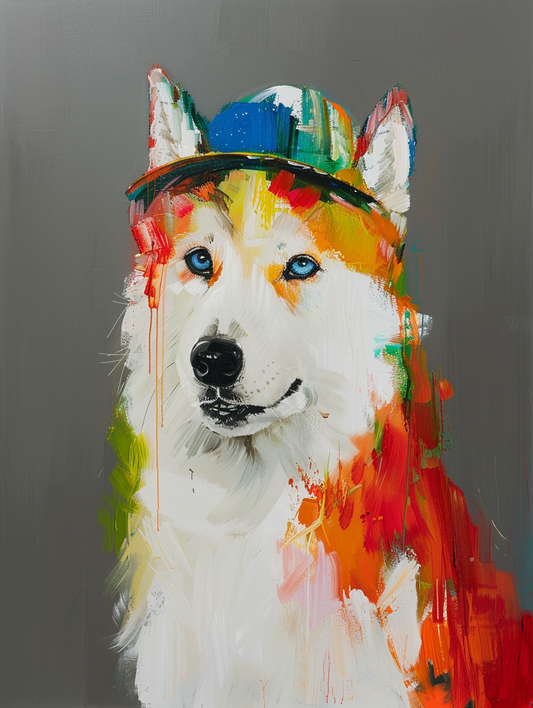 Colorful space Siberian Husky dog with a hat Expressive surreal Poster # F024442