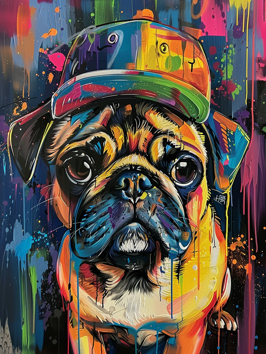 Colorful space Pug dog with a hat Expressive surreal Poster # F025502