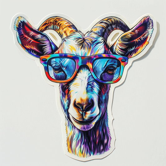 Goat wearing sunglasses Expressive surreal Vinyl Decal Sticker for Car, Laptop, Tumbler and more # F020400-4" x 4"