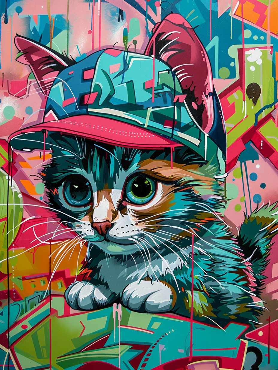 Colorful space Norwegian Forest Cat cat with a hat Expressive surreal Poster # F025372