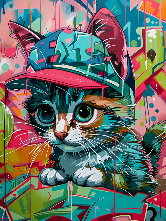 Colorful space Norwegian Forest Cat cat with a hat Expressive surreal Poster # F025372
