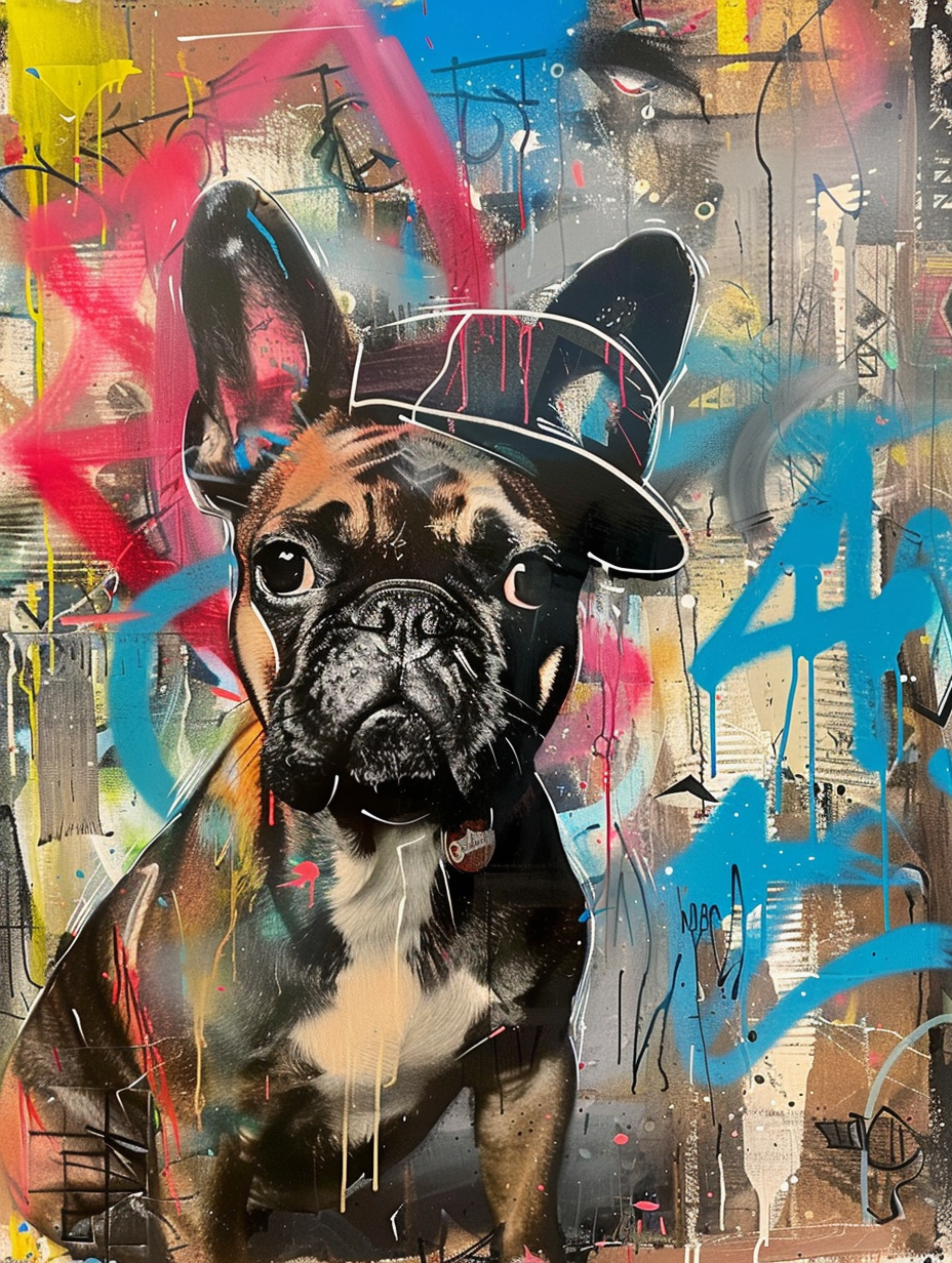 Colorful space Bulldog dog with a hat Expressive surreal Poster # F025401