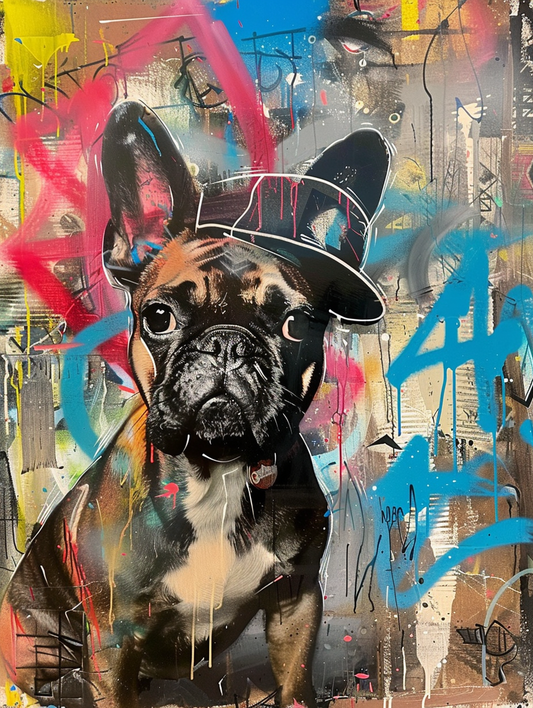 Colorful space Bulldog dog with a hat Expressive surreal Poster # F025401