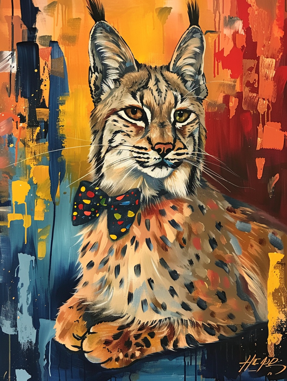 Colorful space Savannah cat with a bow tie Expressive surreal Poster # F024367