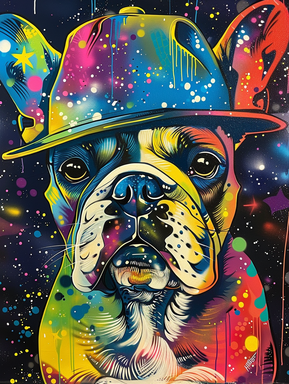 Colorful space Bulldog dog with a hat Expressive surreal Poster # F024883