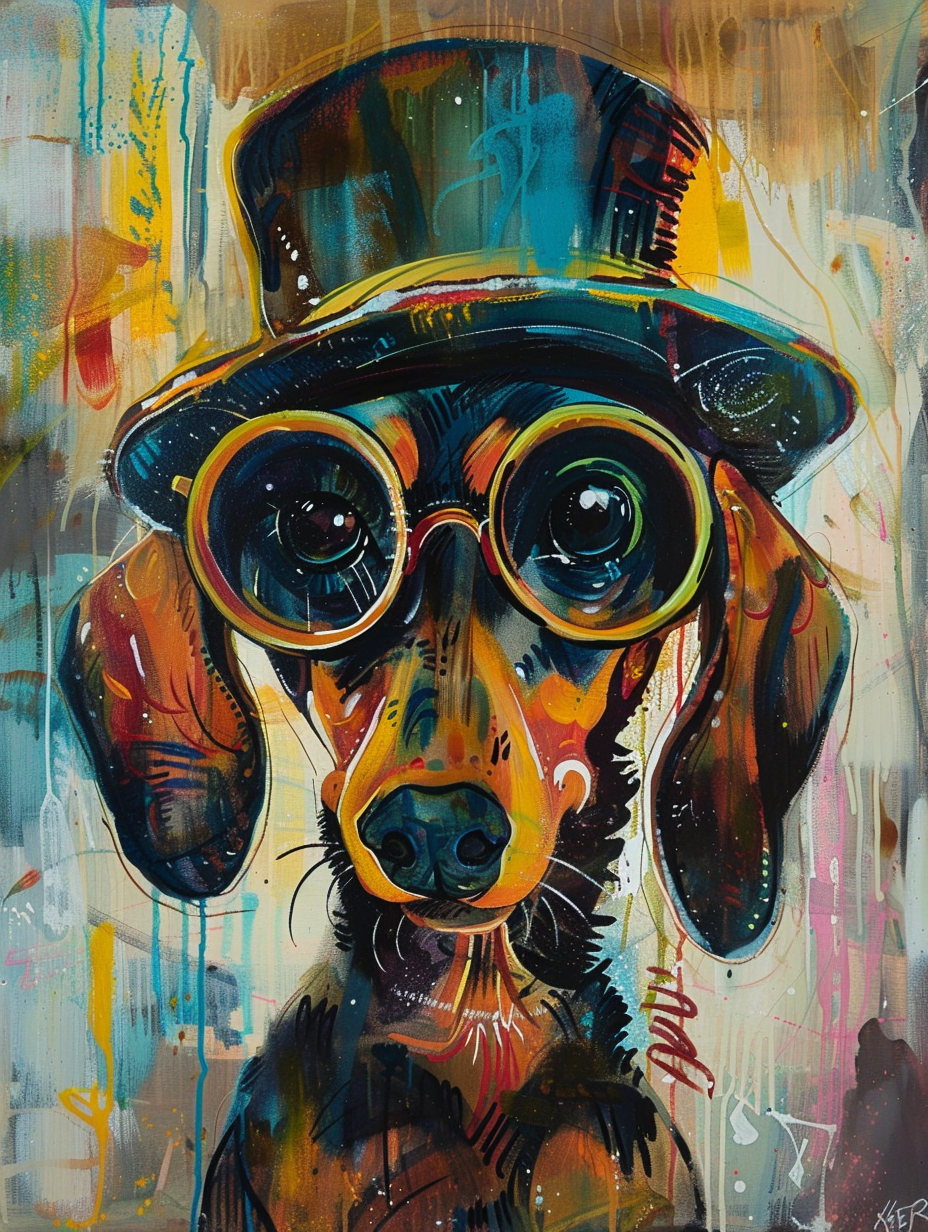 Colorful space Dachshund dog with a hat - Expressive surreal Poster # F025647