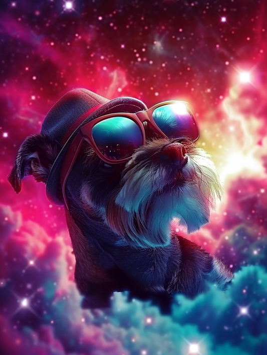 Colorful space Miniature Schnauzer dog with a hat Expressive surreal Poster # F025203