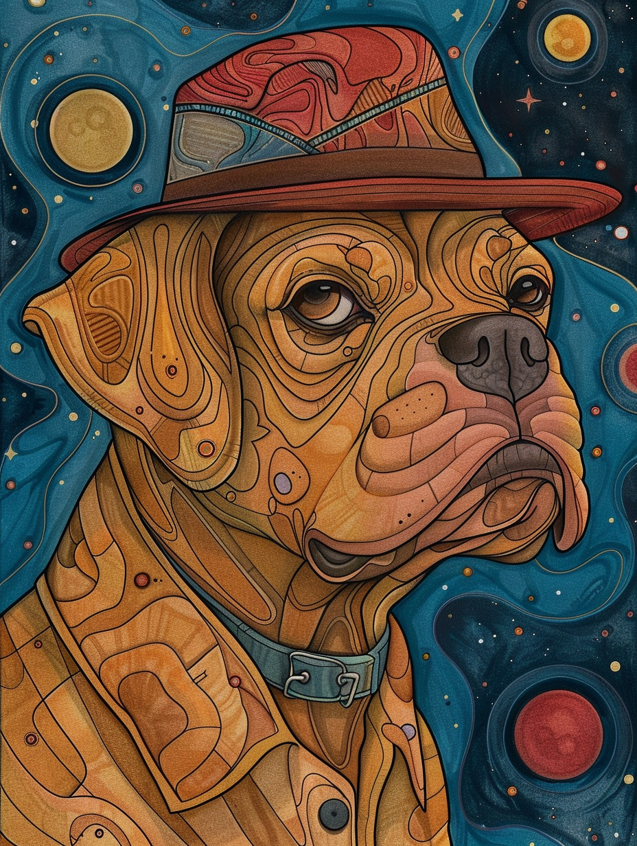 Colorful space Bulldog dog with a hat Expressive surreal Poster # F025578