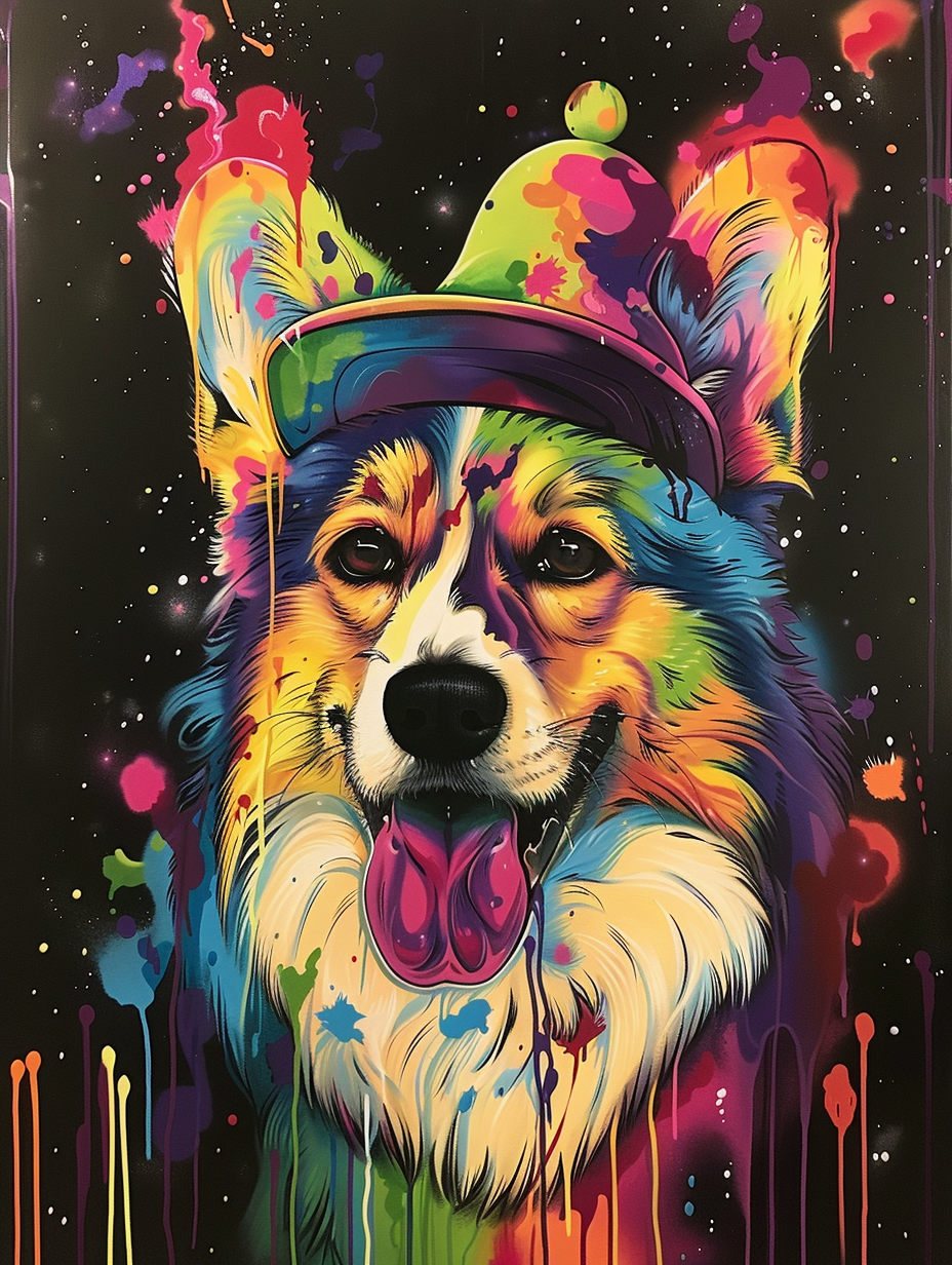 Colorful space Pembroke Welsh Corgi dog with a hat Expressive surreal Poster # F024623
