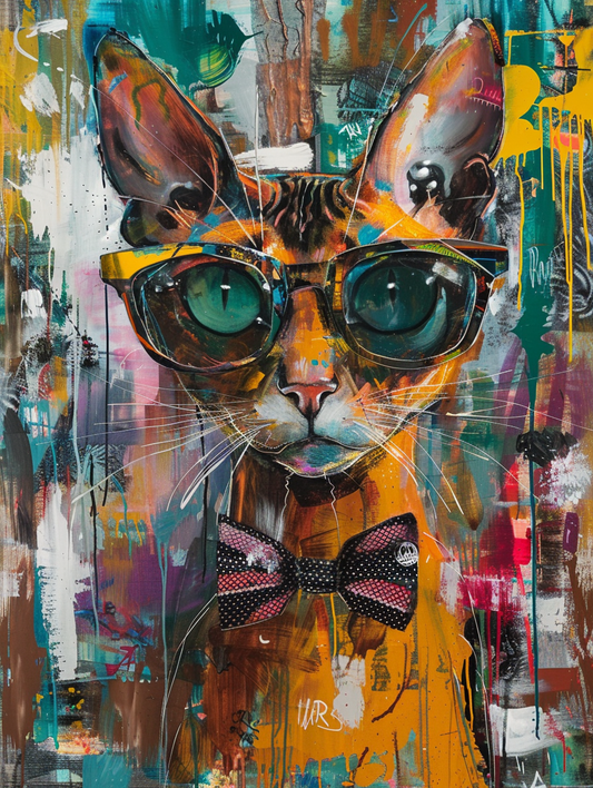 Colorful space Somali cat with a bow tie Expressive surreal Poster # F024328