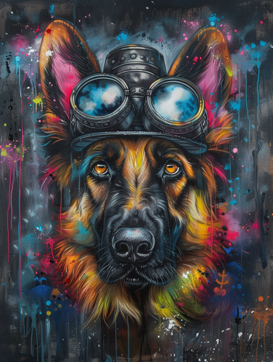 colorful space German Shepherd dog with a hat Expressive surreal Poster # F025538
