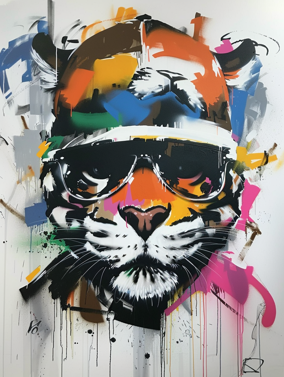 Colorful space Bengal cat with a hat Expressive surreal Poster # F025340