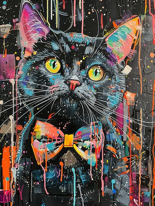 Colorful space British Shorthair cat with a bow ti Expressive surreal Poster # F024322