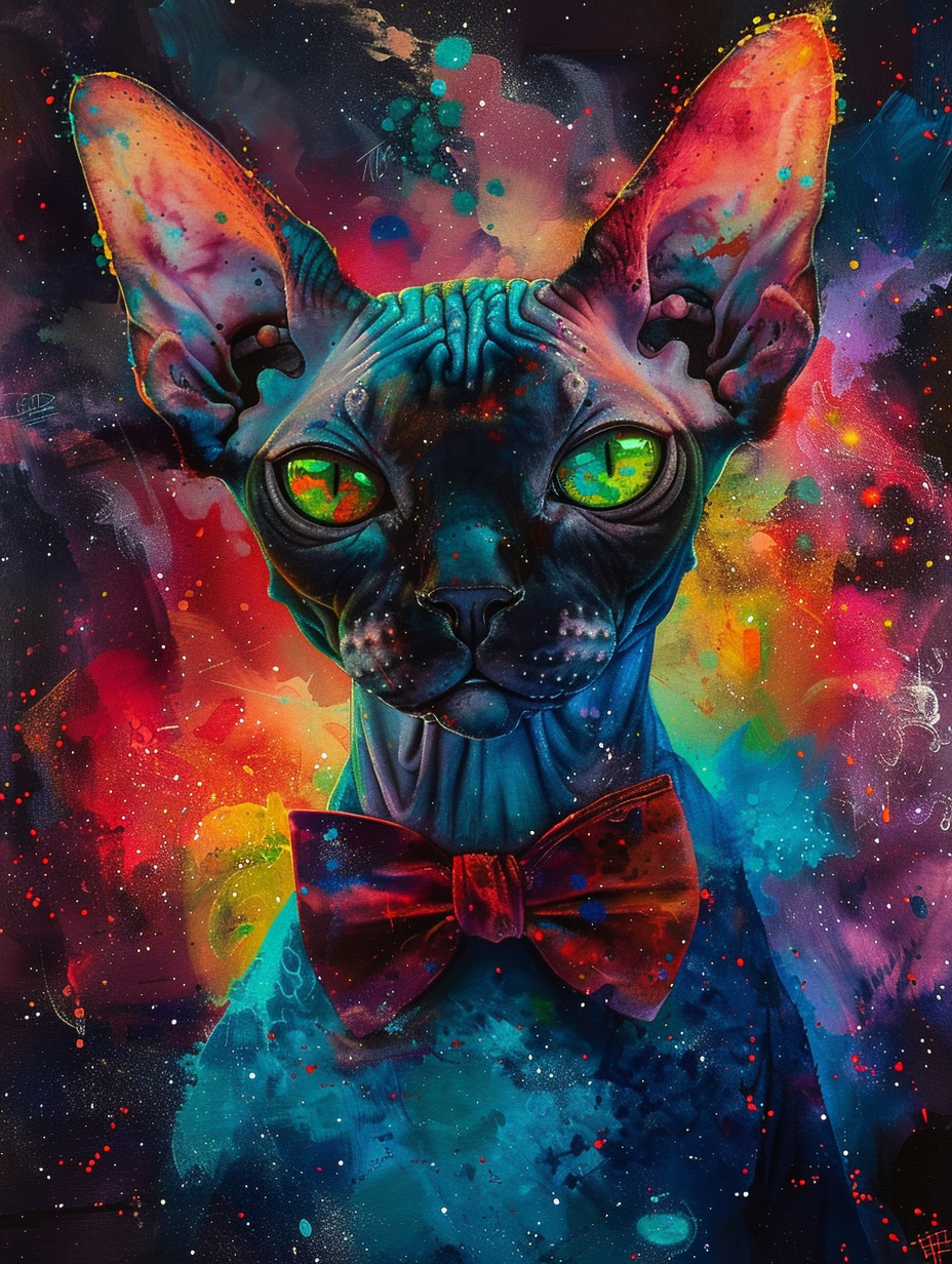 Colorful space Devon Rex cat with a bow tie Expressive surreal Poster # F024346