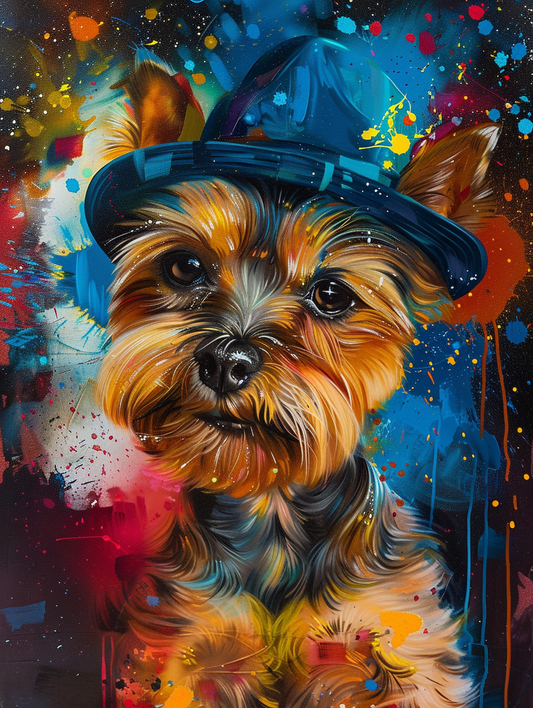 colorful space Yorkshire Terrier dog with a hat Expressive surreal Poster # F024500