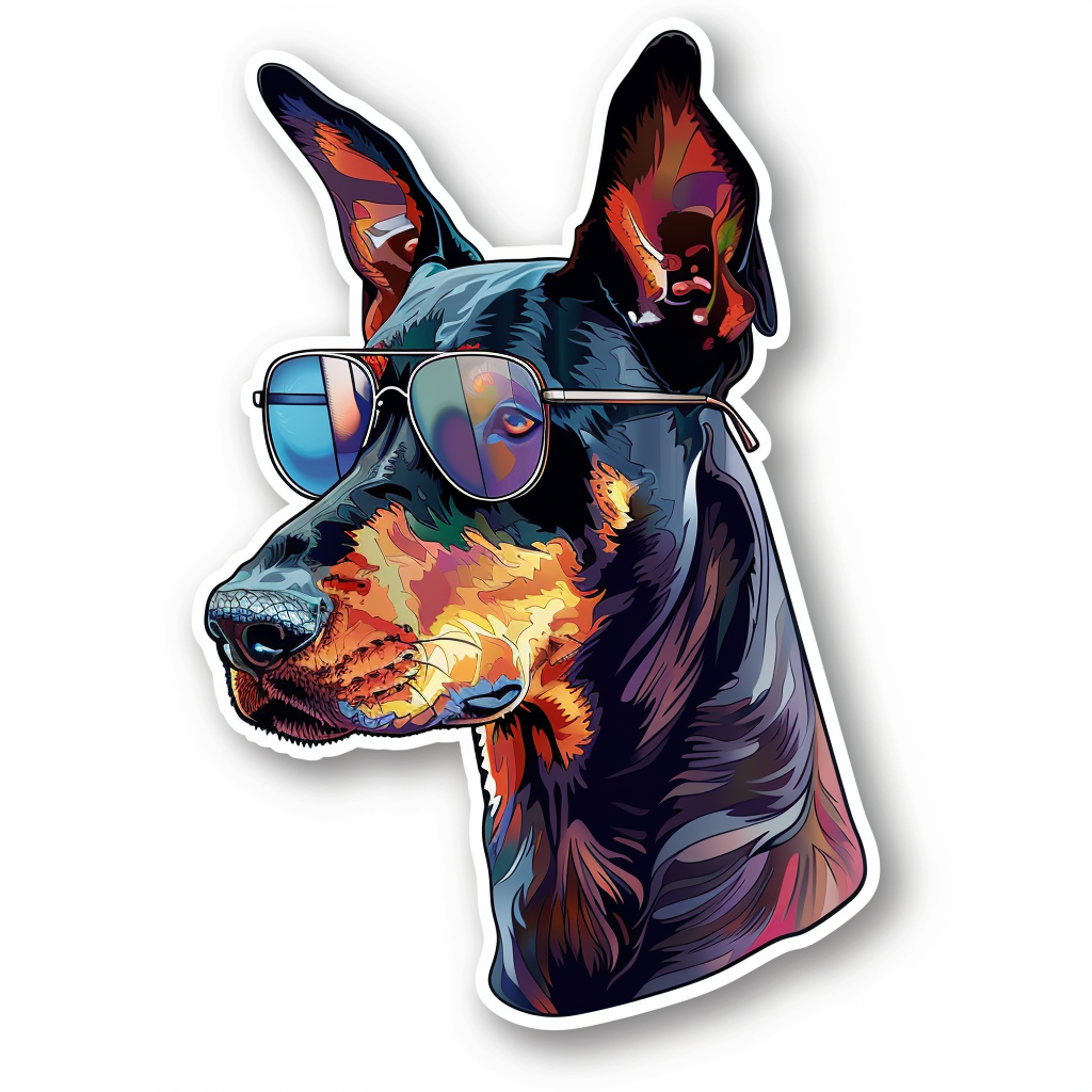 Sticker of a Doberman Pinscher Dog wearing sunglasses Expressive surreal Vinyl Decal Sticker for Car, Laptop, Tumbler and more # F019192
