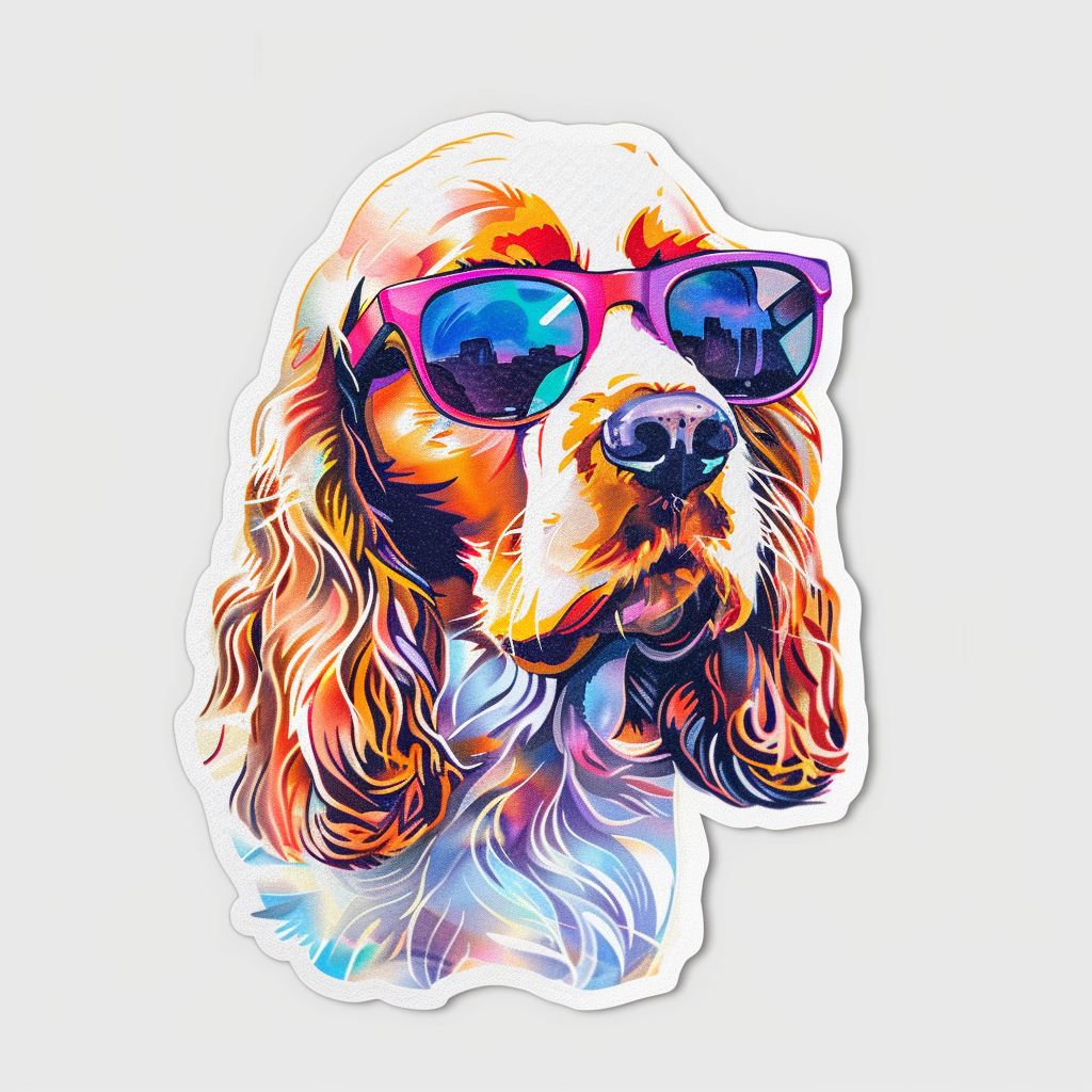 Sticker of a Cocker Spaniel Dog wearing sunglasses Expressive surreal Vinyl Decal Sticker for Car, Laptop, Tumbler and more # F020156