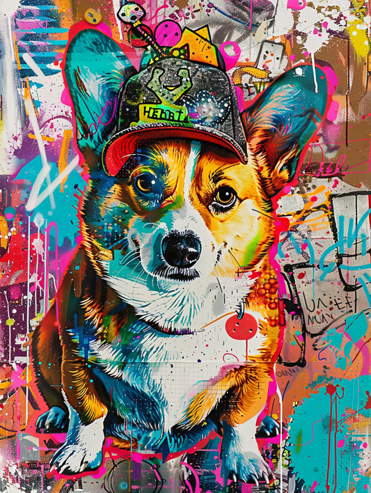 Colorful space Pembroke Welsh Corgi dog with a hat Expressive surreal Poster # F025474