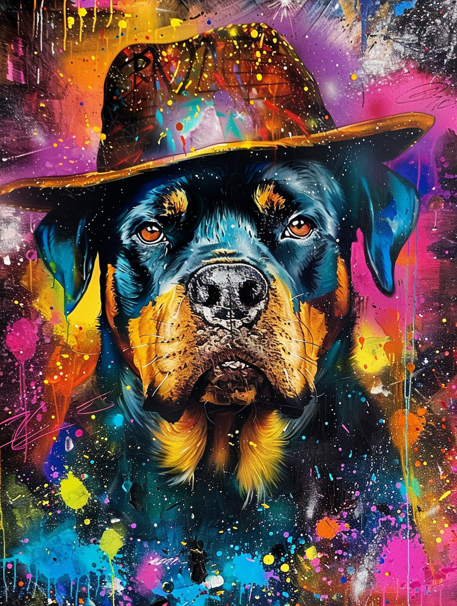 Colorful space Rottweiler dog with a hat Expressive surreal Poster # F024926