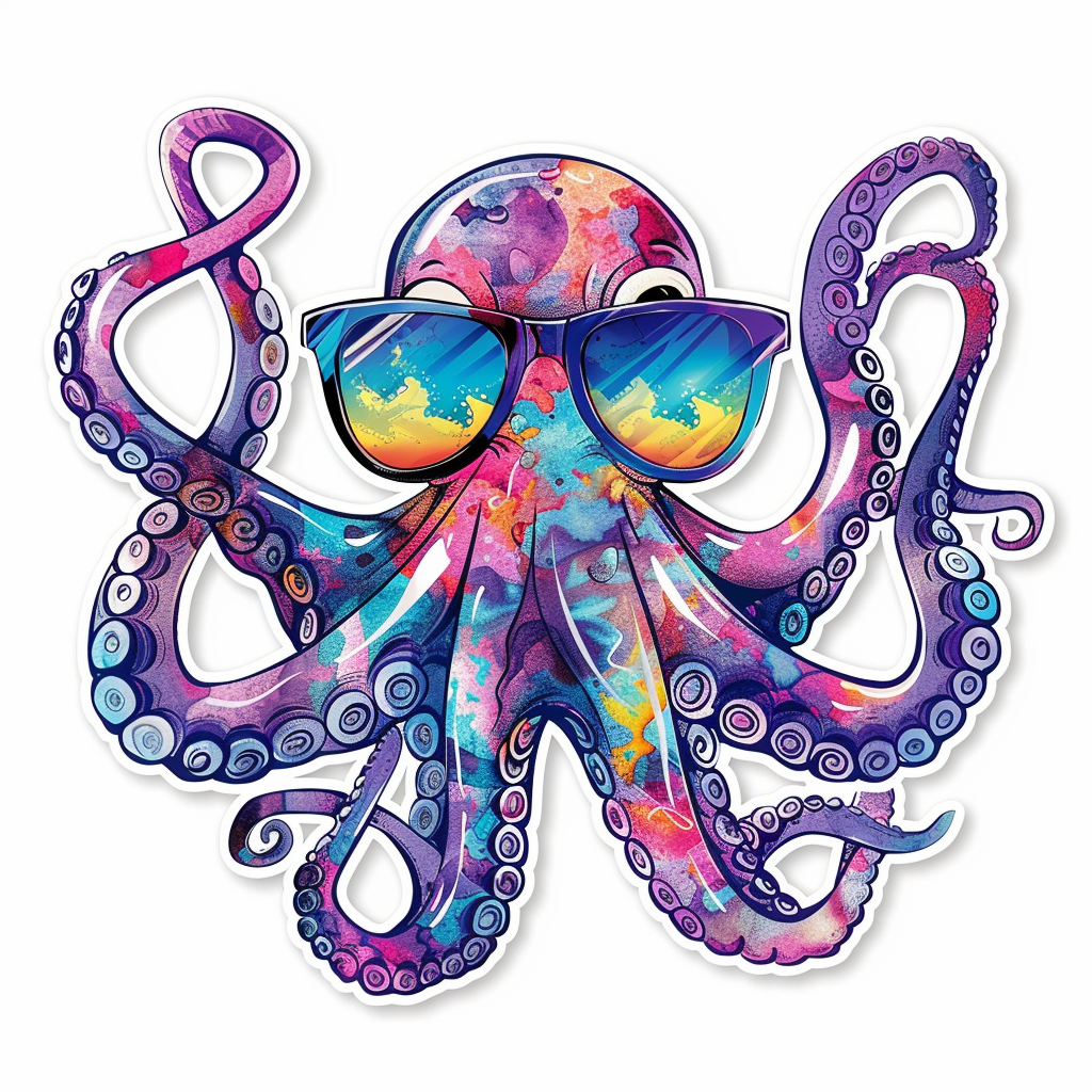 Sticker of a Octopus wearing sunglasses majestic Expressive surreal Vinyl Decal Sticker for Car, Laptop, Tumbler and more # F015392