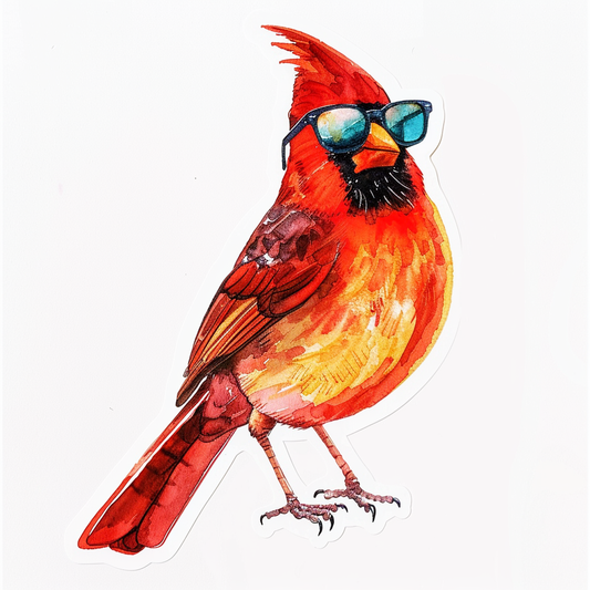 Cardinal Bird wearing sunglasses maje Expressive surreal Vinyl Decal Sticker for Car, Laptop, Tumbler and more # F024211