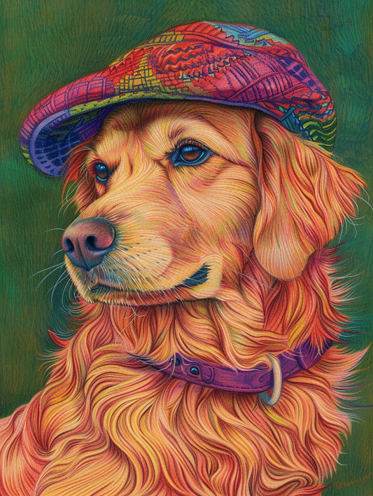 Colorful space Golden Retriever dog with a hat Expressive surreal Poster # F024494