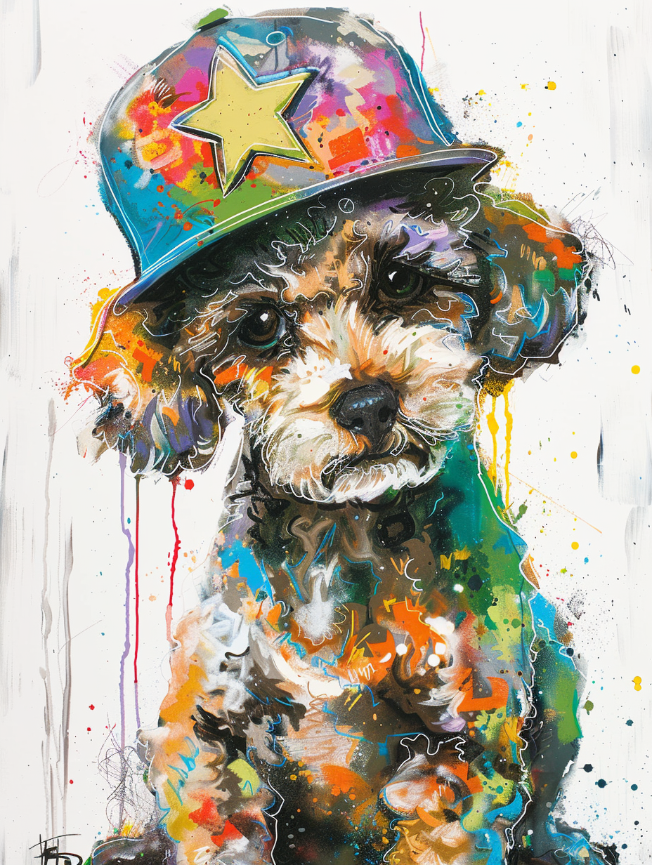 Colorful space Poodle dog with a hat Expressive surreal Poster # F024905