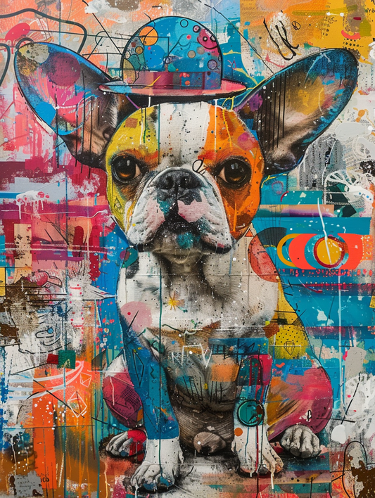 Colorful space Bulldog dog with a hat Expressive surreal Poster # F024505