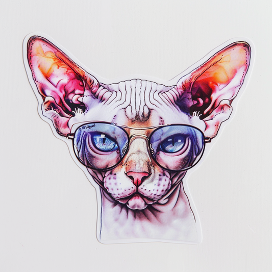 Cornish Rex Cat wearing sunglasses Expressive surreal Vinyl Decal Sticker for Car, Laptop, Tumbler and more # F020748-4" x 4"