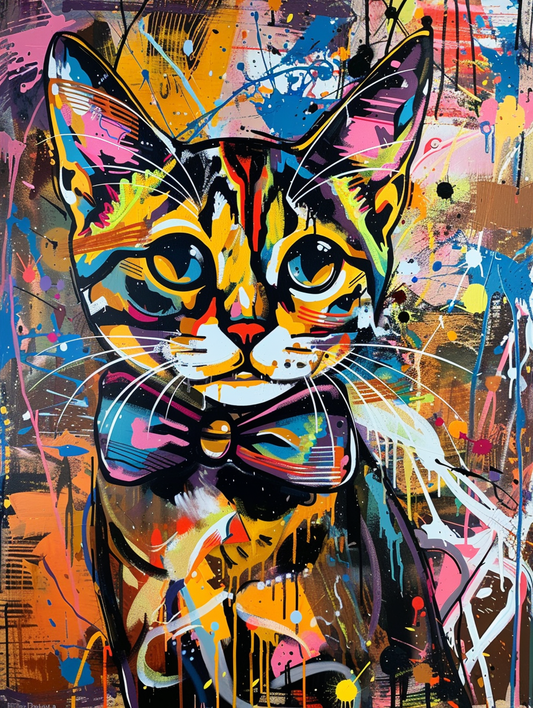Colorful space Abyssinian cat with a bow tie Expressive surreal Poster # F024340