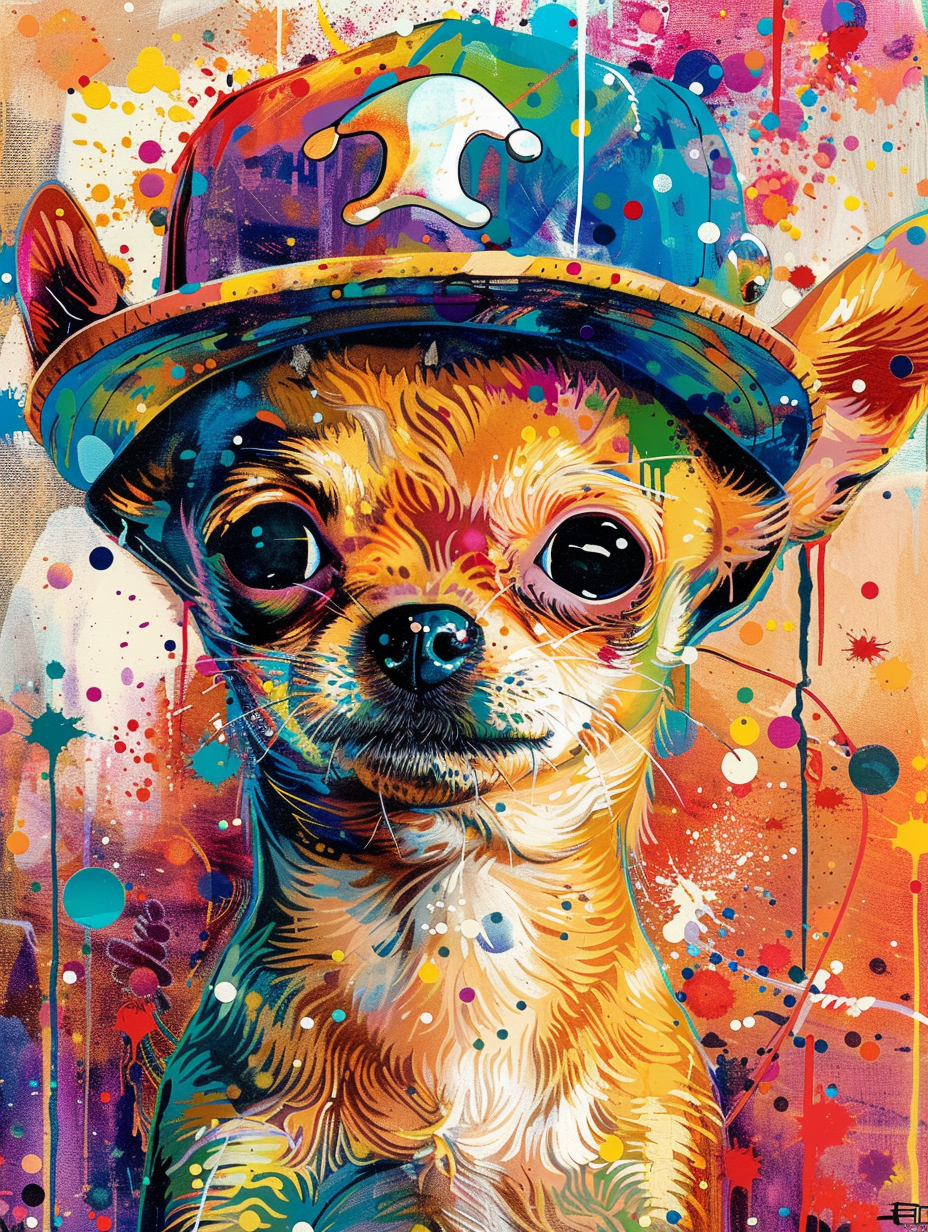 Colorful space Chihuahua dog with a hat Expressive surreal Poster # F025473