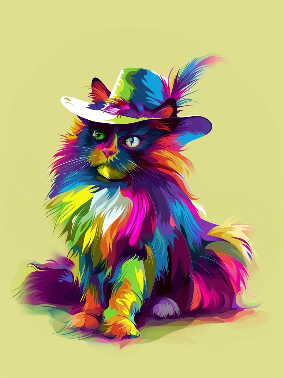 Colorful space Norwegian Forest Cat cat with a hat Expressive surreal Poster # F025248