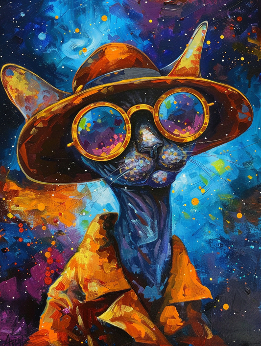 Colorful space Cornish Rex cat with a hat Expressive surreal Poster # F024683